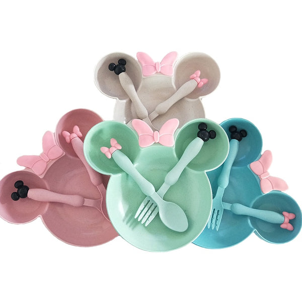 wheat straw bowl children cartoon tableware set baby dinner plate baby training Bowl spoon fork for kids without box