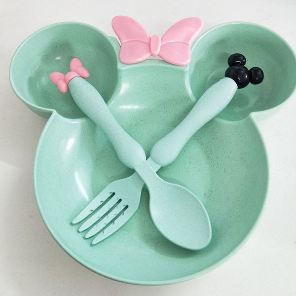 wheat straw bowl children cartoon tableware set baby dinner plate baby training Bowl spoon fork for kids without box