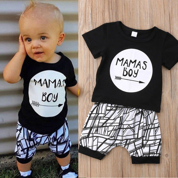 0-24M New Born Baby Clothes 2pcs Set Black Letter Print Tshirt For Boys White Stripe Pants Legging Baby Boys Clothes Newborn Set