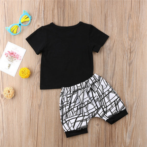 0-24M New Born Baby Clothes 2pcs Set Black Letter Print Tshirt For Boys White Stripe Pants Legging Baby Boys Clothes Newborn Set