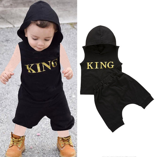 0-36 Months Baby Boys Clothes Set Letter King Print Hoodie For Boys Solid Black Sleeveless Sweatshirt Boys Pants Baby Boy Set