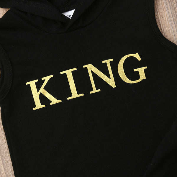 0-36 Months Baby Boys Clothes Set Letter King Print Hoodie For Boys Solid Black Sleeveless Sweatshirt Boys Pants Baby Boy Set